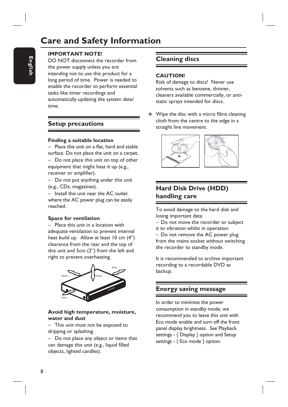 Care and safety information, Cleaning discs, Hard disk drive (hdd) handling care | Energy saving message, Setup precautions | Philips dvdr 3575H User Manual | Page 8 / 104