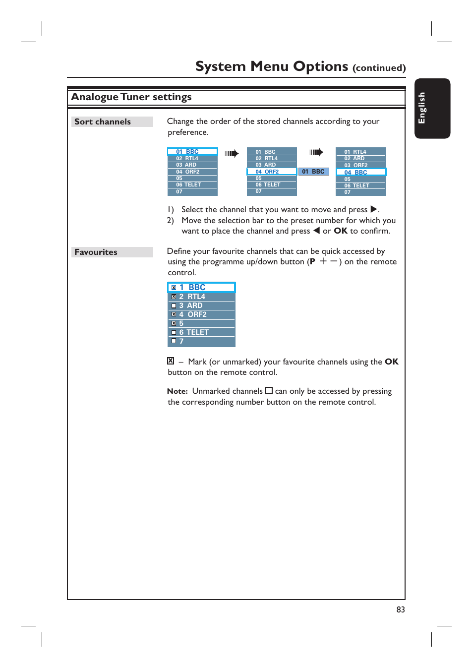 System menu options, Analogue tuner settings, Continued) | Philips dvdr 3575H User Manual | Page 83 / 104