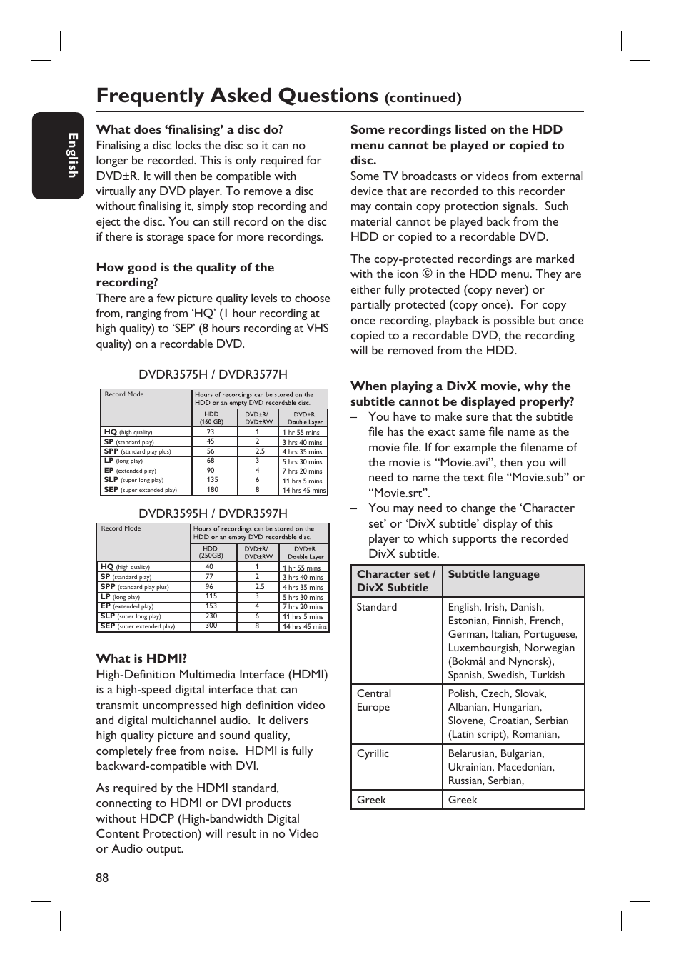 Frequently asked questions, Continued), English 88 | Philips dvdr 3575H User Manual | Page 88 / 104