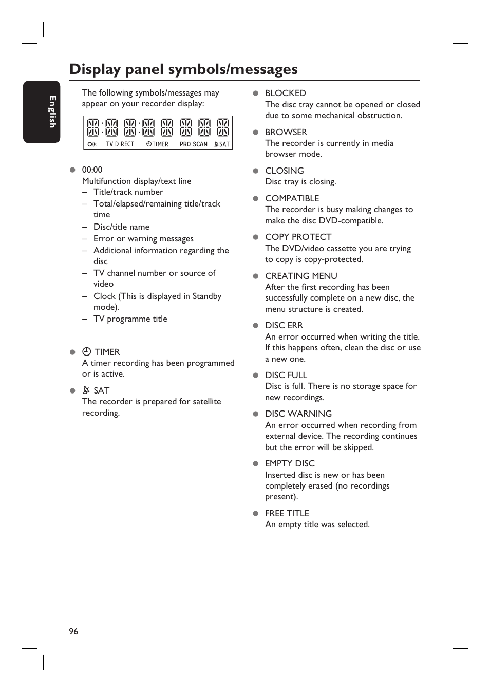 Display panel symbols/messages | Philips dvdr 3575H User Manual | Page 96 / 104