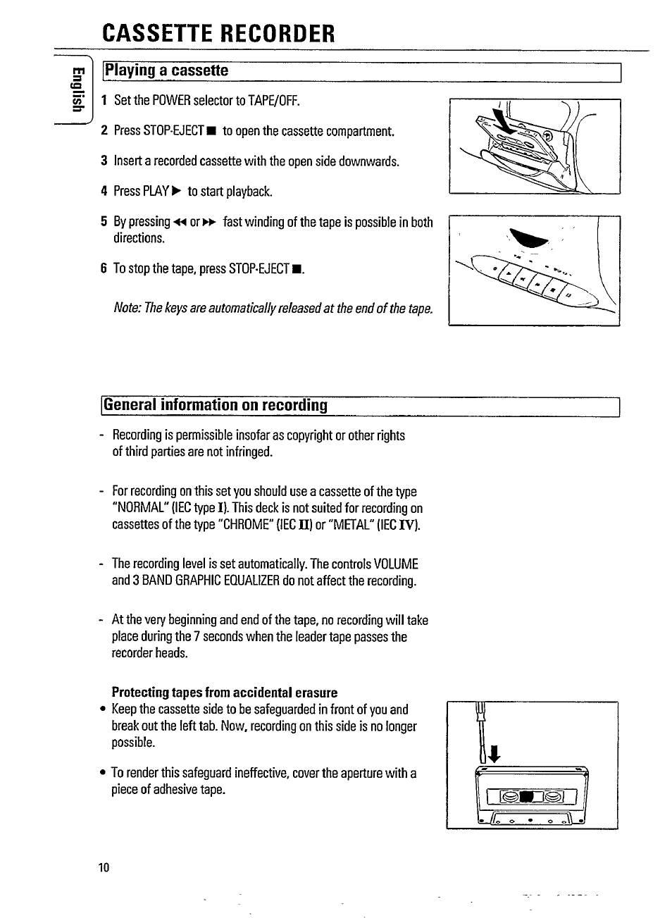 Cassette recorder, Playing a cassette, General information on recording | Philips AZ 8057 User Manual | Page 10 / 20