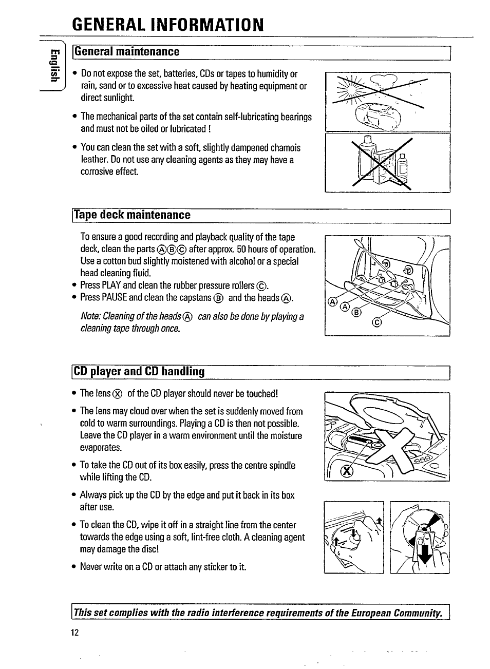 General information, General maintenance, Tape deck maintenance | Cd player and cd handling | Philips AZ 8057 User Manual | Page 12 / 20