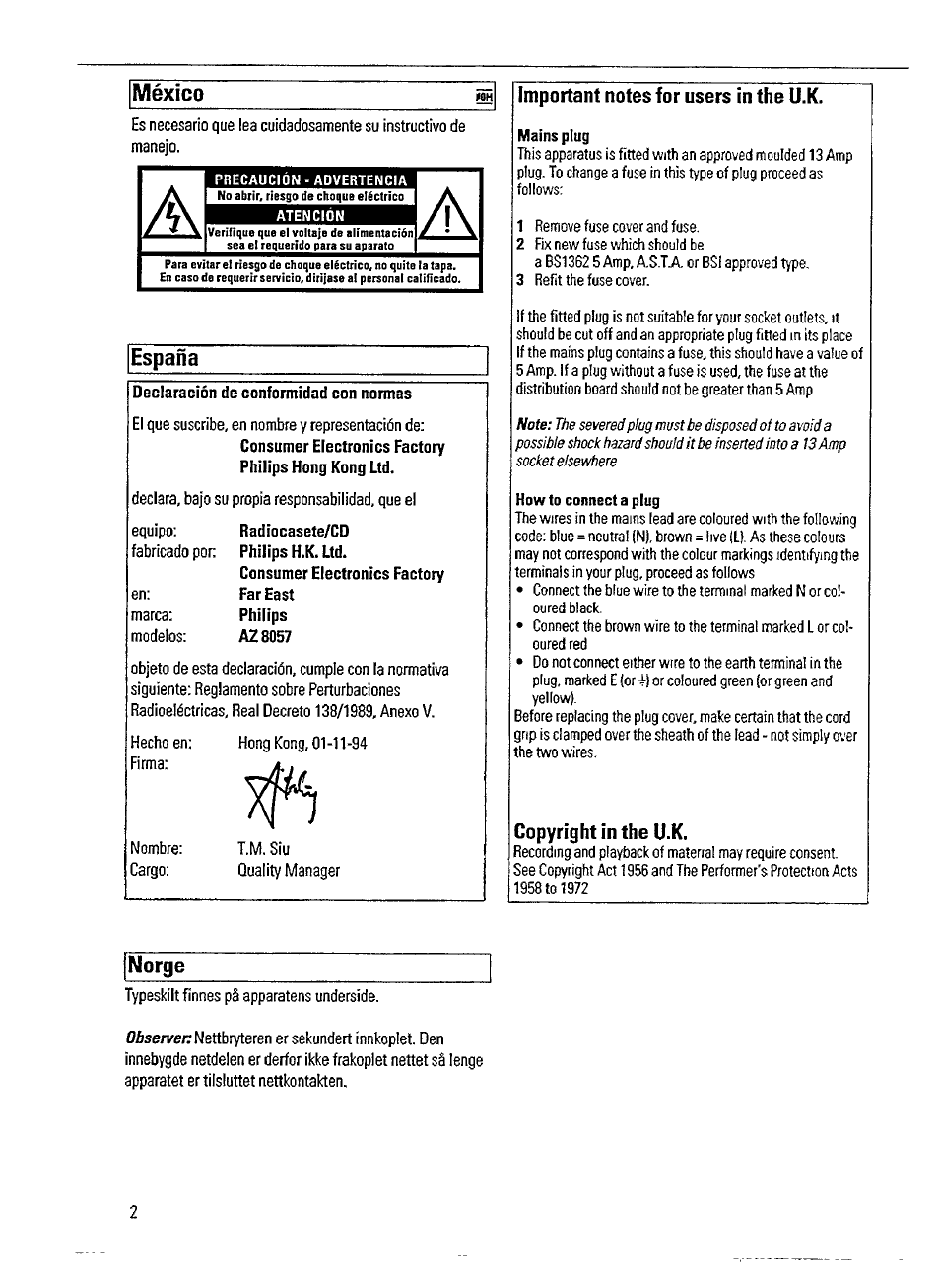 México, España, Copyright in the u.k | Norge | Philips AZ 8057 User Manual | Page 2 / 20