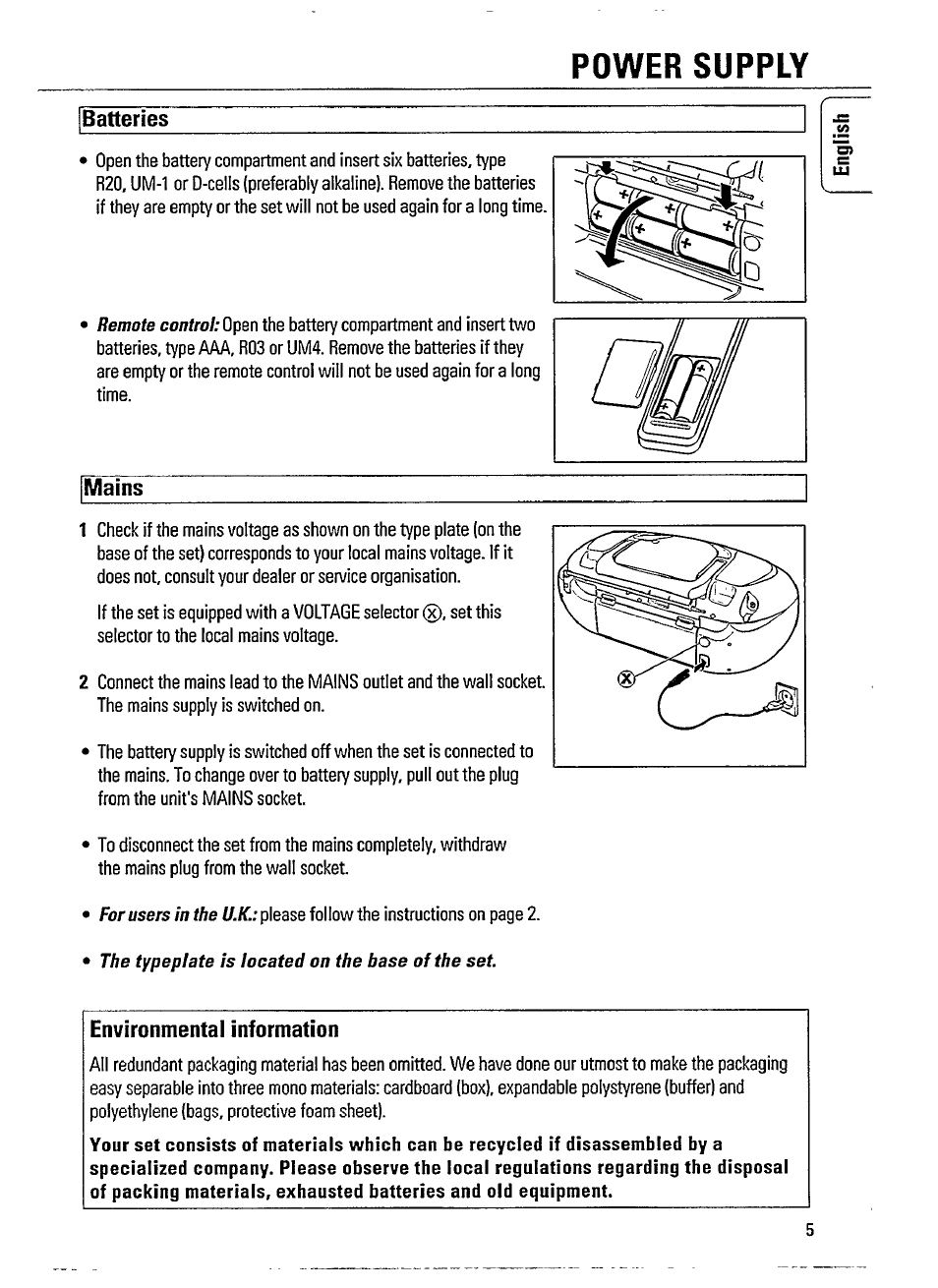 Power supply, Batteries, Mains | Environmental information | Philips AZ 8057 User Manual | Page 5 / 20