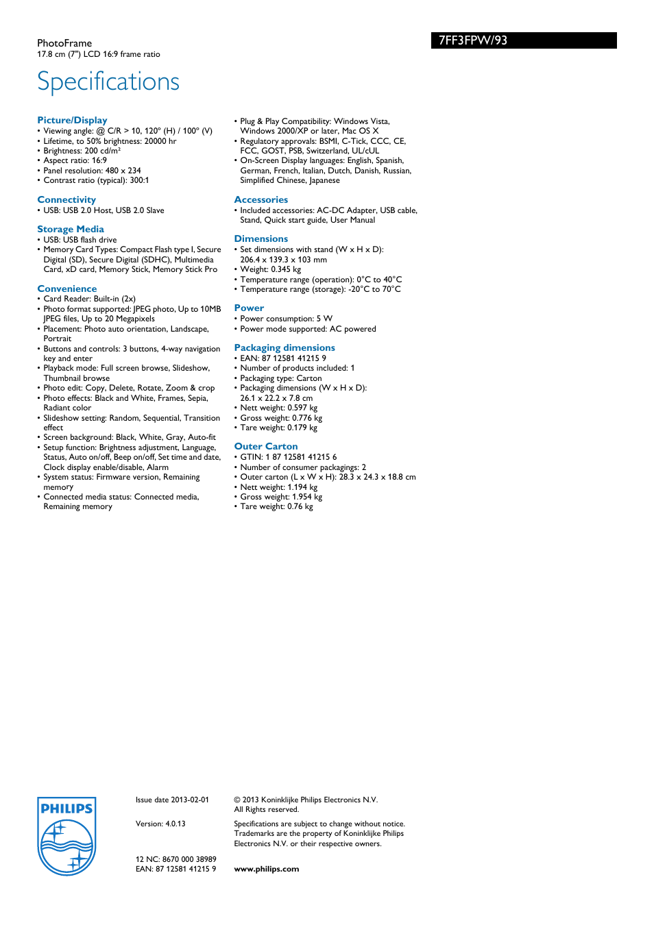 Specifications, 7ff3fpw/93 | Philips 7FF3FPW/93 User Manual | Page 3 / 3