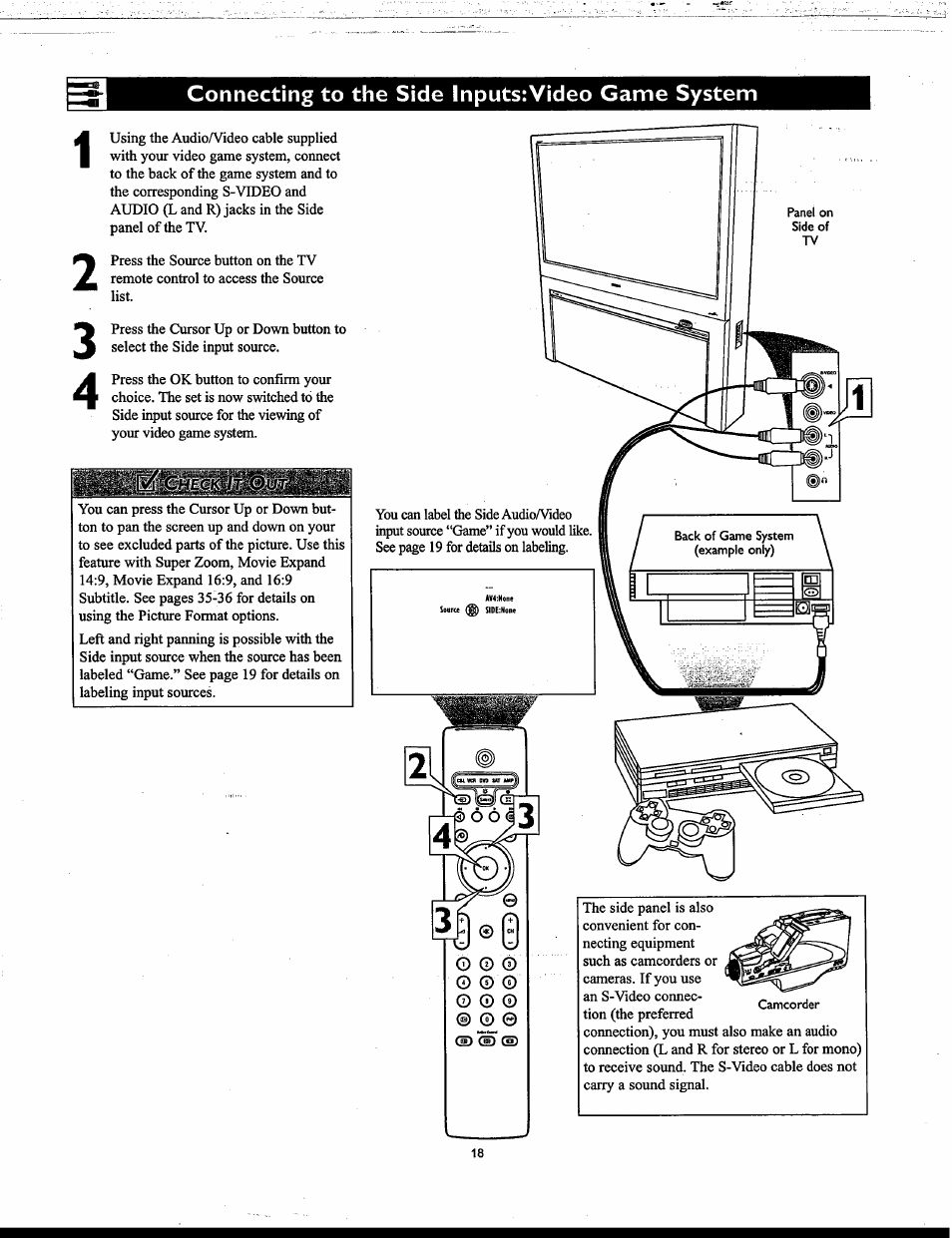 Connecting to the side inputs:video game system, Connecting to the side inputs: video game system | Philips Matchline 55PP9753 User Manual | Page 18 / 80