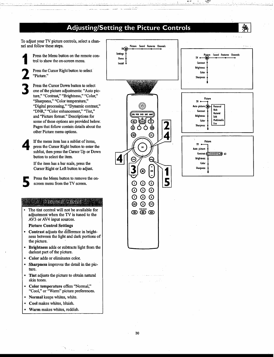 Adjusting/setting the picture controls | Philips Matchline 55PP9753 User Manual | Page 30 / 80