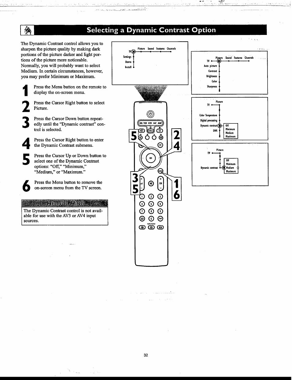 Selecting a dynamic contrast option, Seiecting a dynamic contrast option | Philips Matchline 55PP9753 User Manual | Page 32 / 80