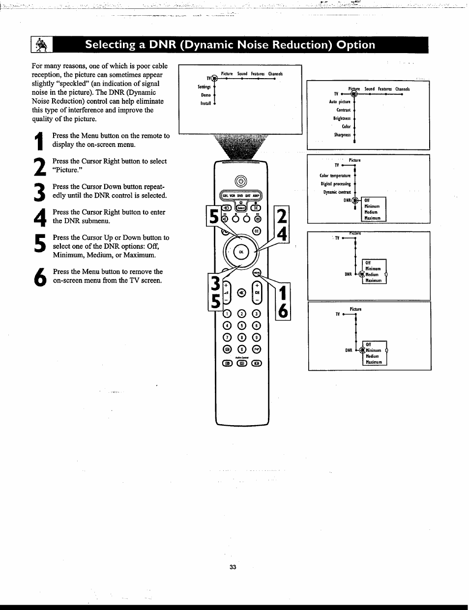 Selecting a dnr (dynamic noise reduction) option, 3^ ^ p, C1 © © ©6 | Philips Matchline 55PP9753 User Manual | Page 33 / 80