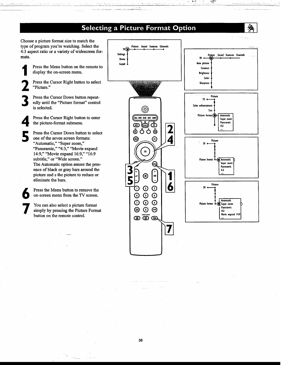 Selecting a picture format option | Philips Matchline 55PP9753 User Manual | Page 36 / 80