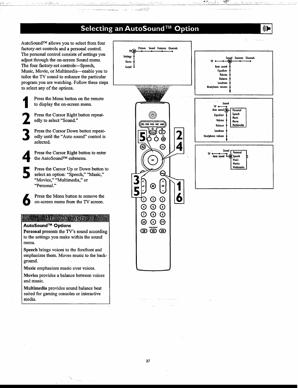 Selecting anautosound™ option, Selecting an autosound™ option | Philips Matchline 55PP9753 User Manual | Page 37 / 80