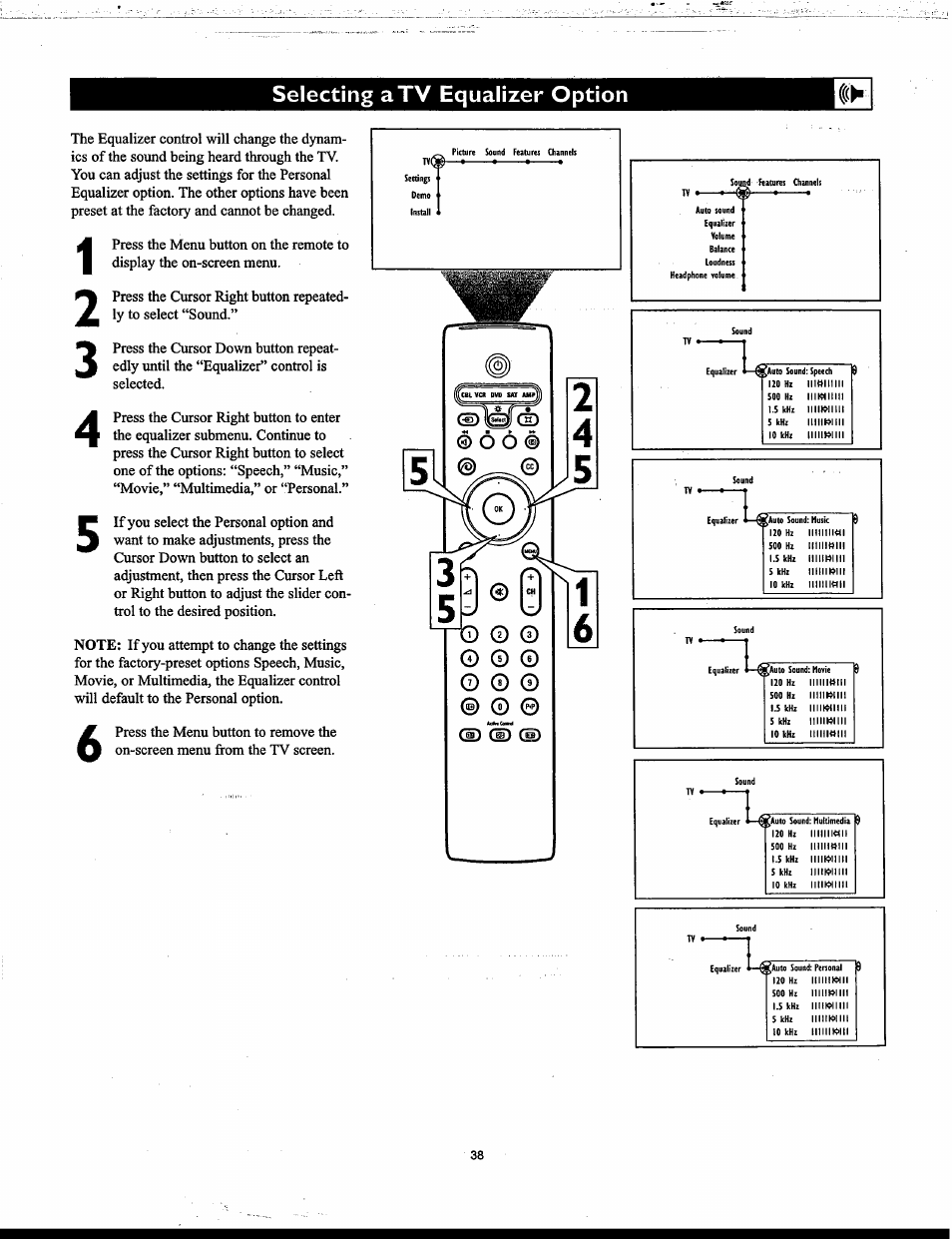 Selecting atv equalizer option, Seiecting a tv equaiizer option | Philips Matchline 55PP9753 User Manual | Page 38 / 80