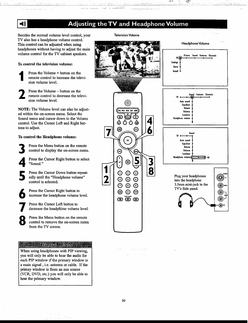 Adjusting the tv and headphone volume, Cbl vcr dvd sat amp))] © у у и | Philips Matchline 55PP9753 User Manual | Page 39 / 80