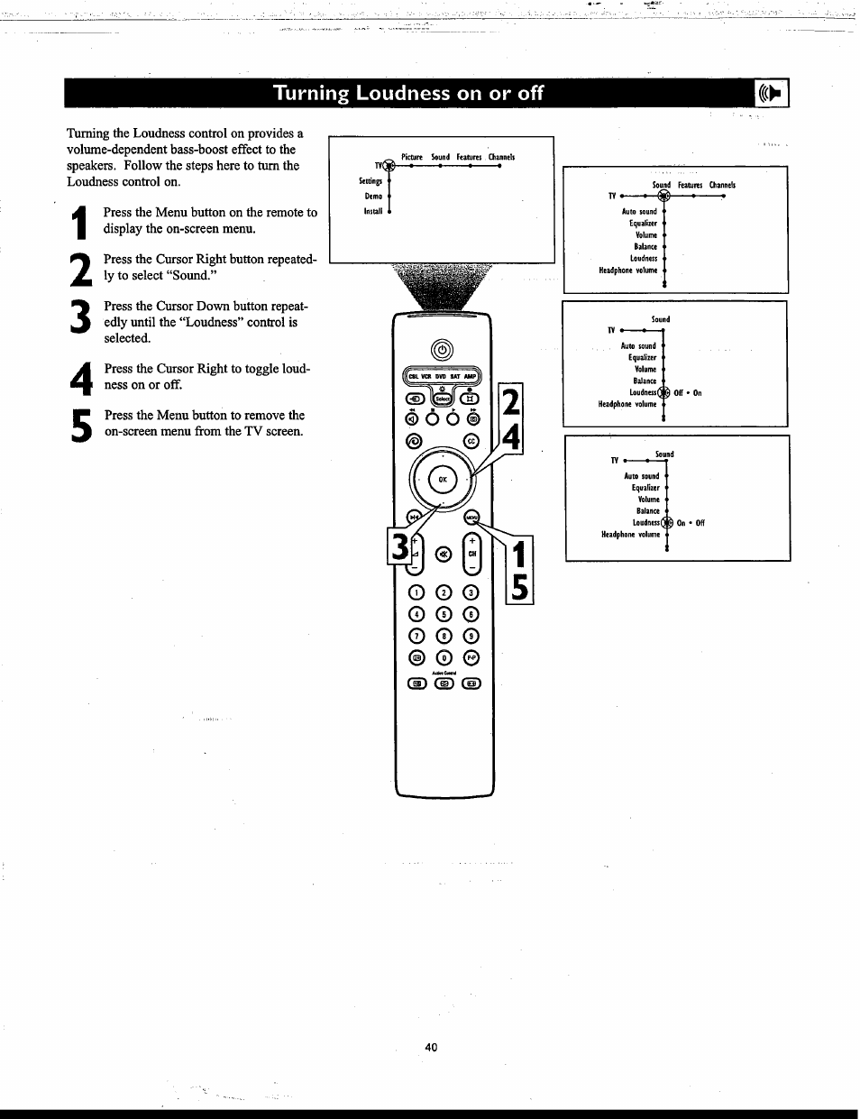 Turning loudness on or off | Philips Matchline 55PP9753 User Manual | Page 40 / 80