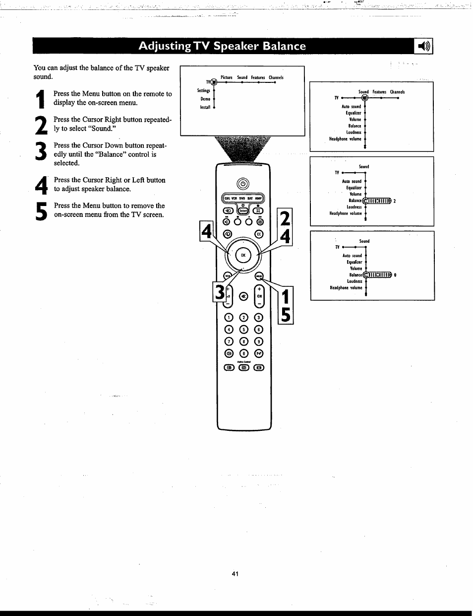 Adjusting tv speaker balance h))), Ansme, Fjott-ttug | Philips Matchline 55PP9753 User Manual | Page 41 / 80
