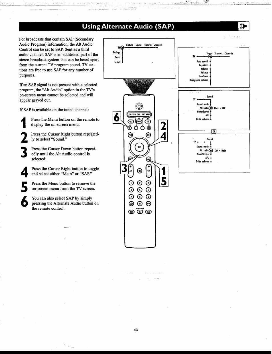 Using alternate audio (sap) | Philips Matchline 55PP9753 User Manual | Page 43 / 80