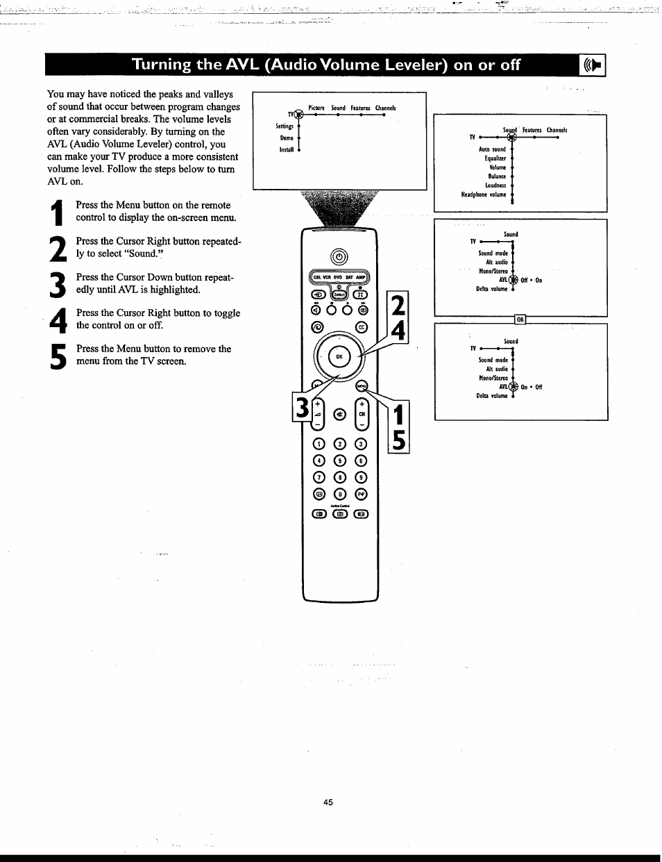 Turning the avl (audio volume leveler) on or off | Philips Matchline 55PP9753 User Manual | Page 45 / 80