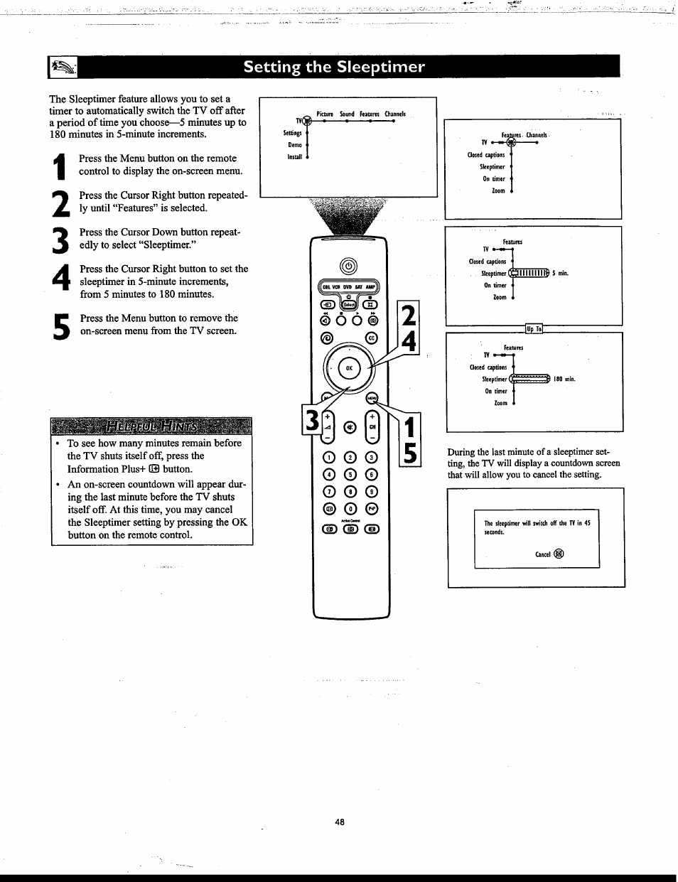 Setting the sleeptimer | Philips Matchline 55PP9753 User Manual | Page 48 / 80