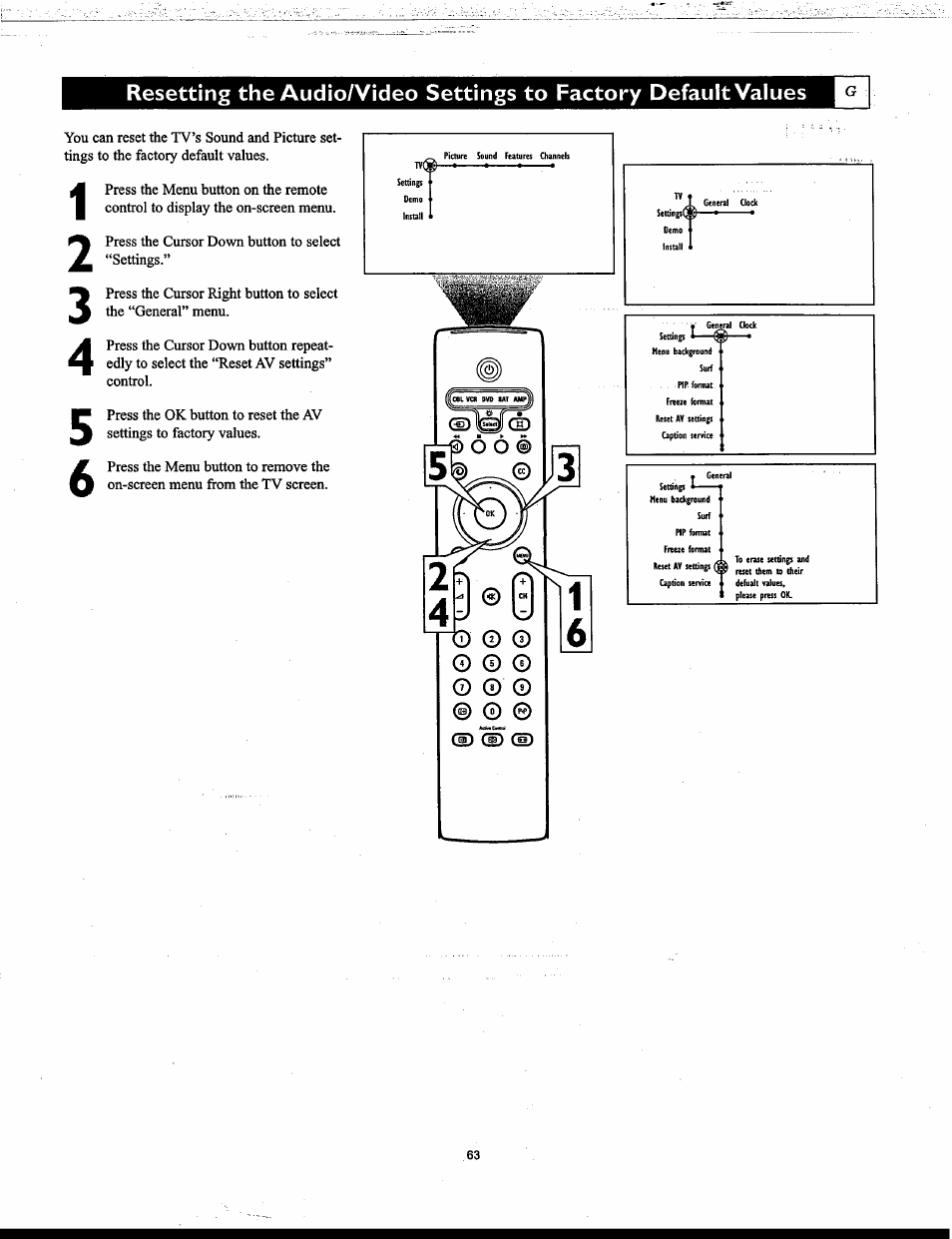 Resetting the audio/video settings to factory, Defaultvalues | Philips Matchline 55PP9753 User Manual | Page 63 / 80