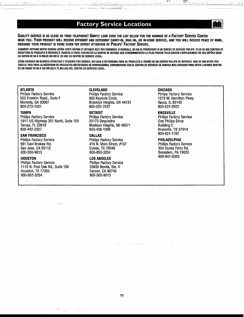 Factory service locations | Philips Matchline 55PP9753 User Manual | Page 76 / 80