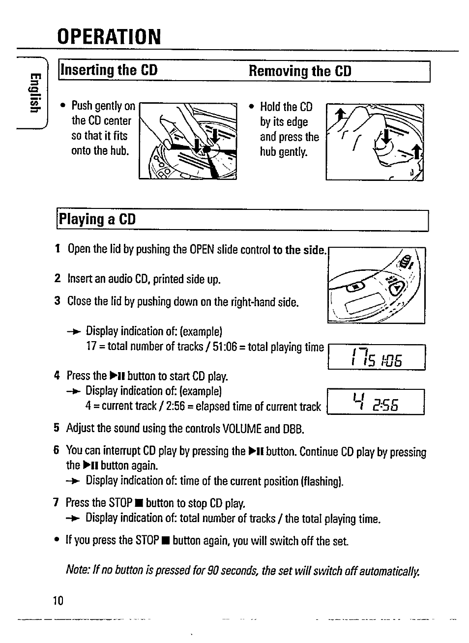 Inserting the cd, Removing the cd, Playing a cd | Operation, Lls l{jb | Philips AZ 7365 User Manual | Page 10 / 22