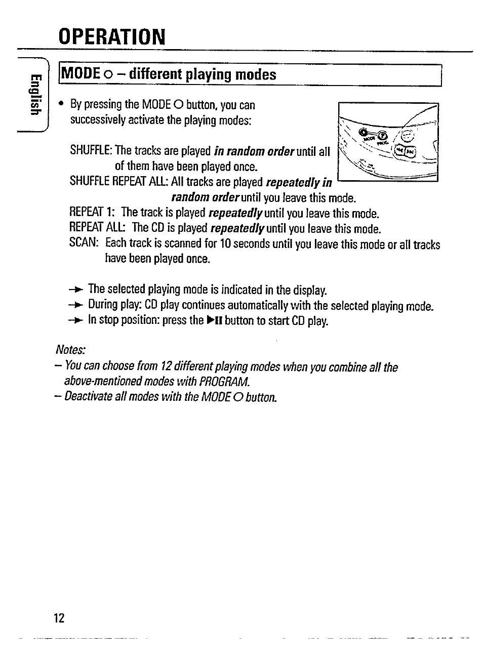 Mode o - different playing modes, Operation | Philips AZ 7365 User Manual | Page 12 / 22