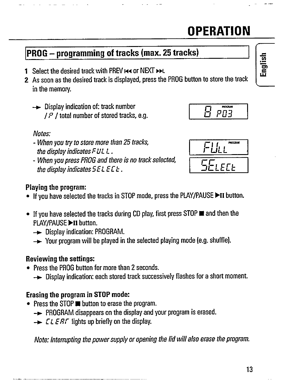 Prog - programming of tracks (max. 25 tracks), Playing the program, Reviewing the settings | Erasing the program in stop mode, Operation, Jtlecl | Philips AZ 7365 User Manual | Page 13 / 22