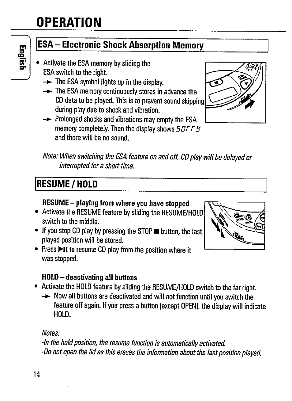 Esa- electronic shock absorption memory, Resume/hold, Resume - playing from where you have stopped | Hold-deactivating all buttons, Operation | Philips AZ 7365 User Manual | Page 14 / 22