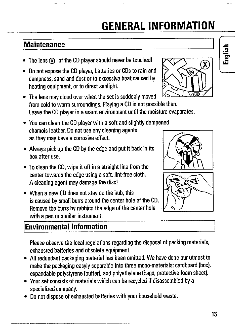 Maintenance, Environmental information, General information | Philips AZ 7365 User Manual | Page 15 / 22