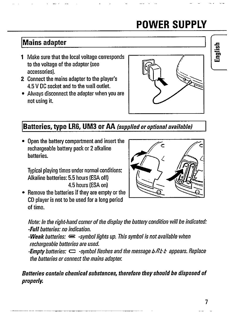 Mains adapter, Power supply, Batteries, type lr6, um3 or aa | Philips AZ 7365 User Manual | Page 7 / 22