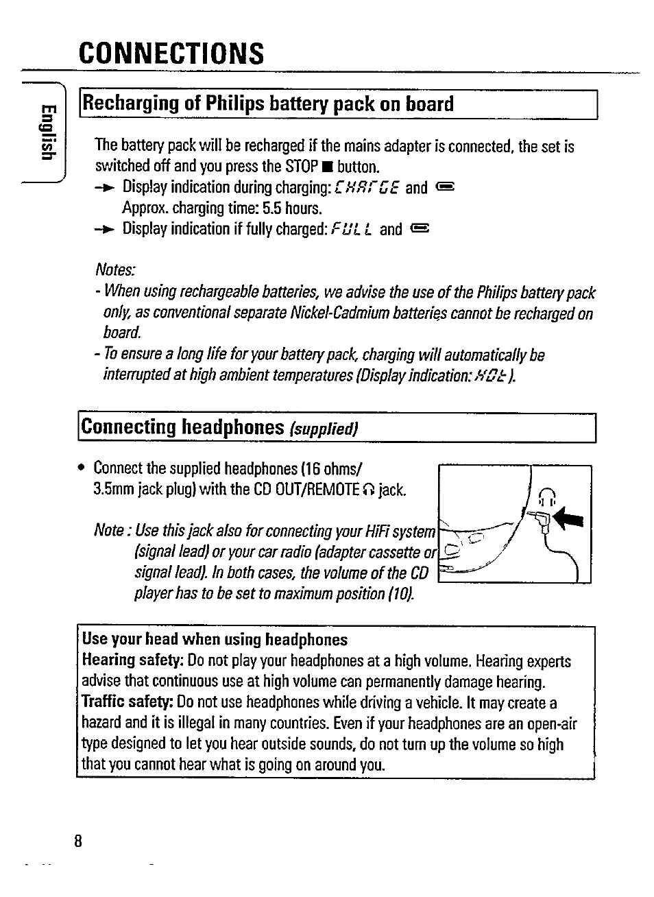 Connections, Recharging of philips battery pack on board, Connecting headphones (supplied) | Connecting headphones | Philips AZ 7365 User Manual | Page 8 / 22