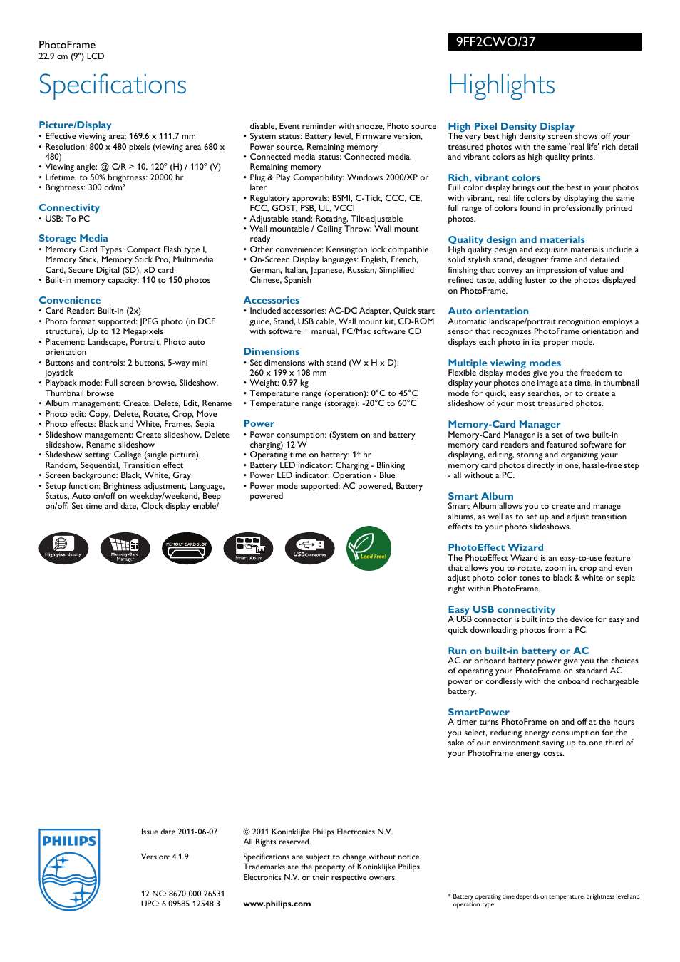 Specifications, Highlights, 9ff2cwo/37 | Philips 9FF2CWO/37 User Manual | Page 2 / 2