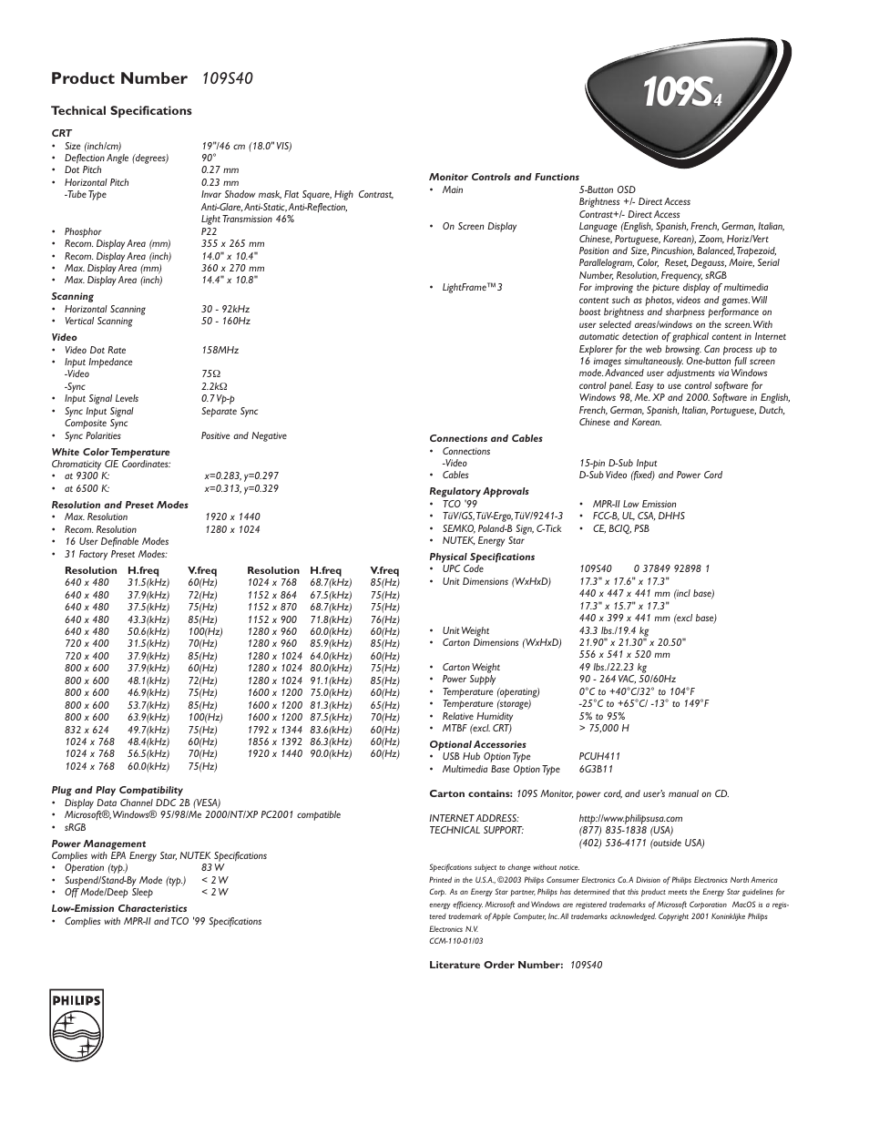 109s | Philips Standard 109S4 User Manual | Page 2 / 2