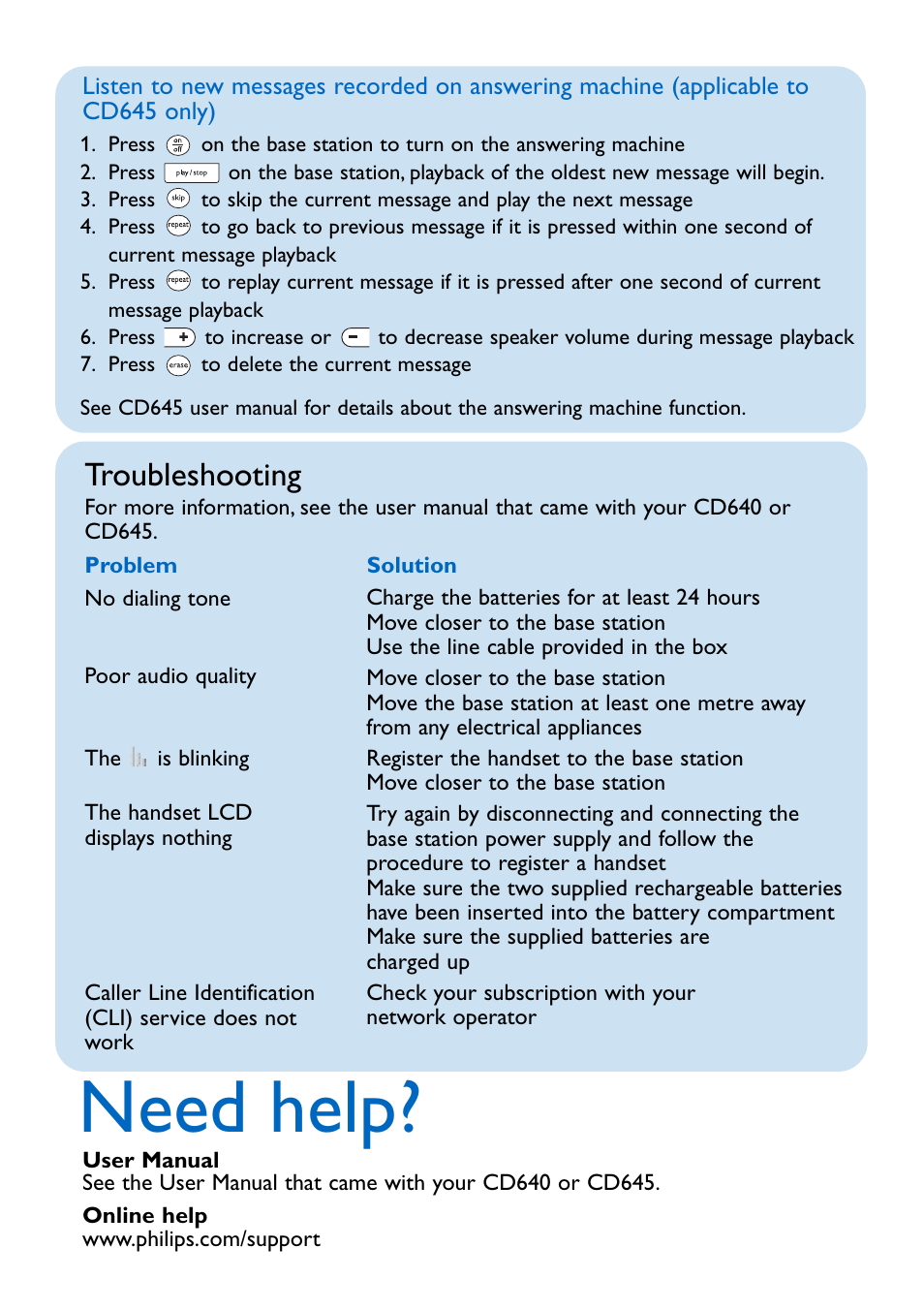 Troubleshooting, Need help | Philips CD645 User Manual | Page 6 / 6