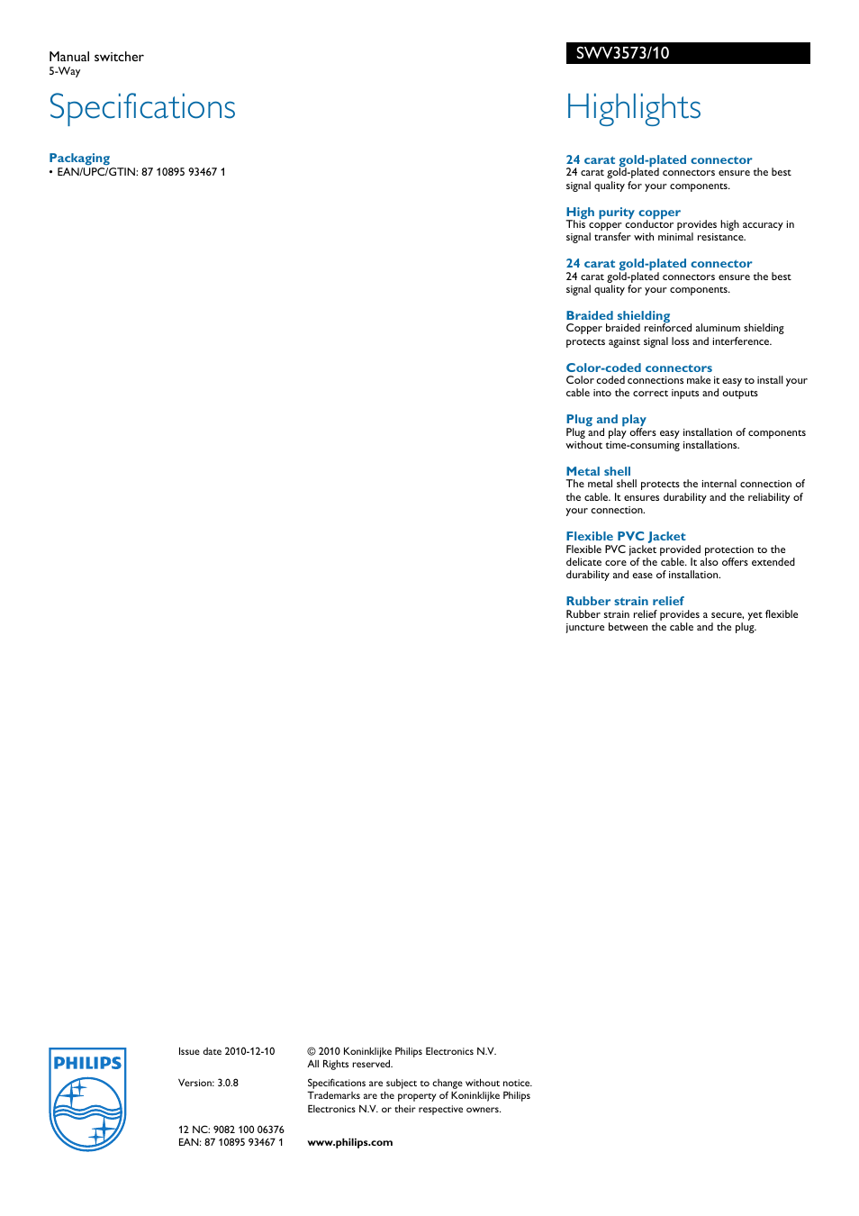 Specifications, Highlights | Philips SWV3573 User Manual | Page 2 / 2