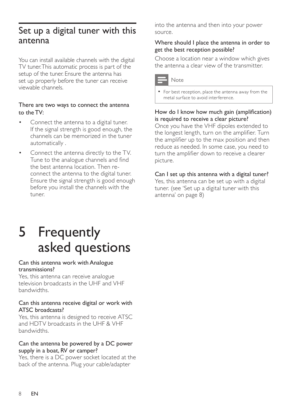 Set up a digital tuner with this antenna, 5 frequently asked questions | Philips SDV2790/27 User Manual | Page 8 / 28