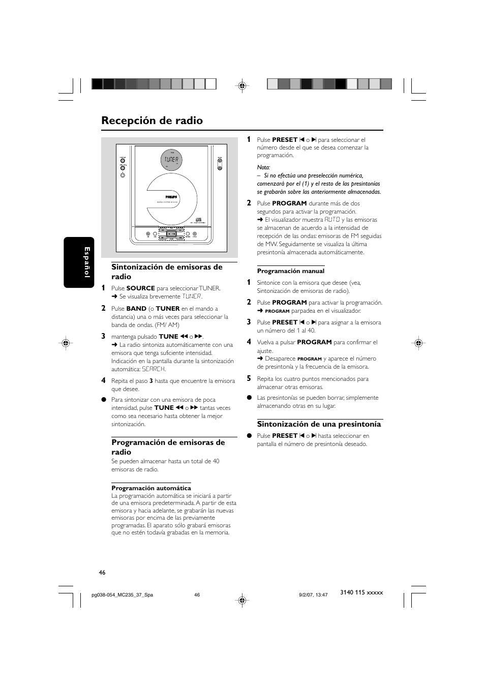 Recepción de radio | Philips MC235B/37 User Manual | Page 14 / 20