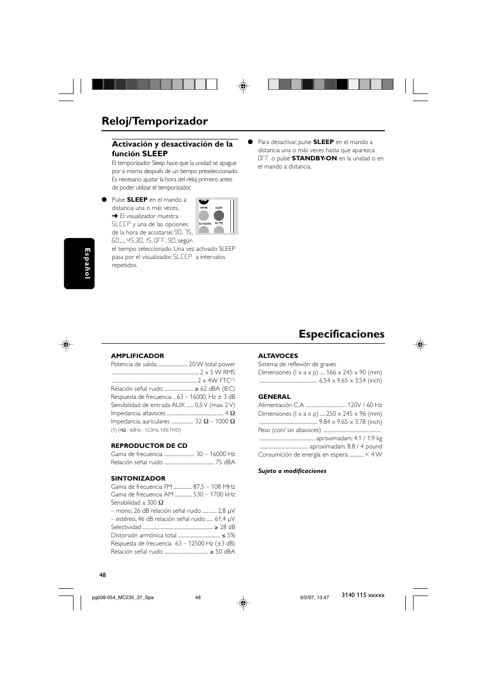 Reloj/temporizador, Especificaciones, Activación y desactivación de la función sleep | Philips MC235B/37 User Manual | Page 16 / 20