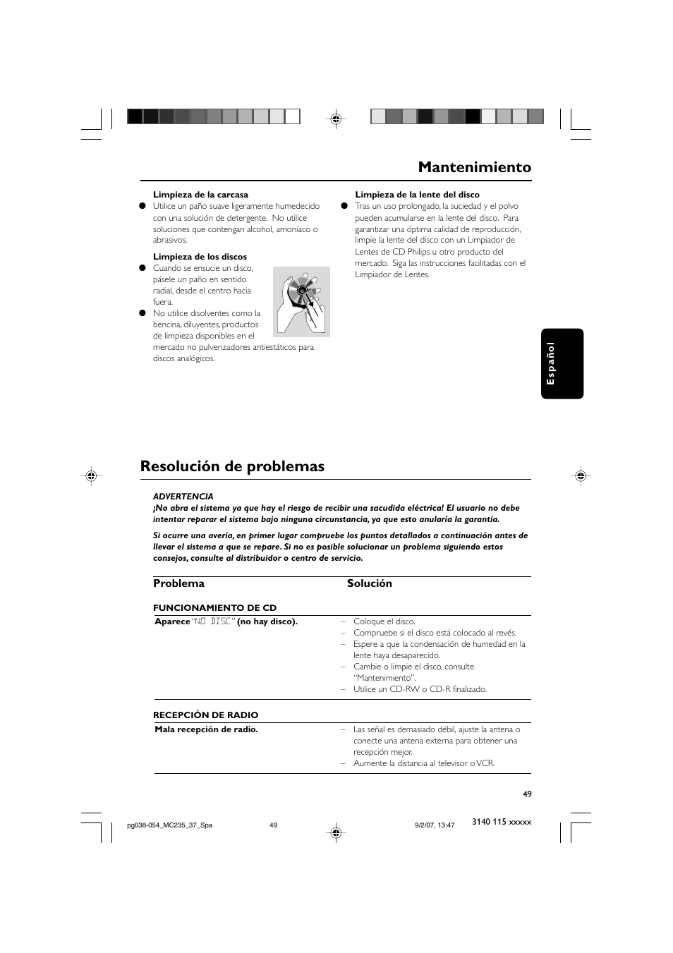 Mantenimiento, Resolución de problemas, Problema solución | Philips MC235B/37 User Manual | Page 17 / 20