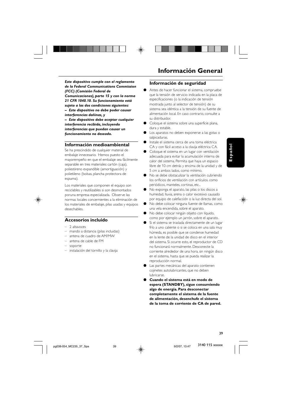 Información general, Información medioambiental, Accesorios incluido | Información de seguridad | Philips MC235B/37 User Manual | Page 7 / 20