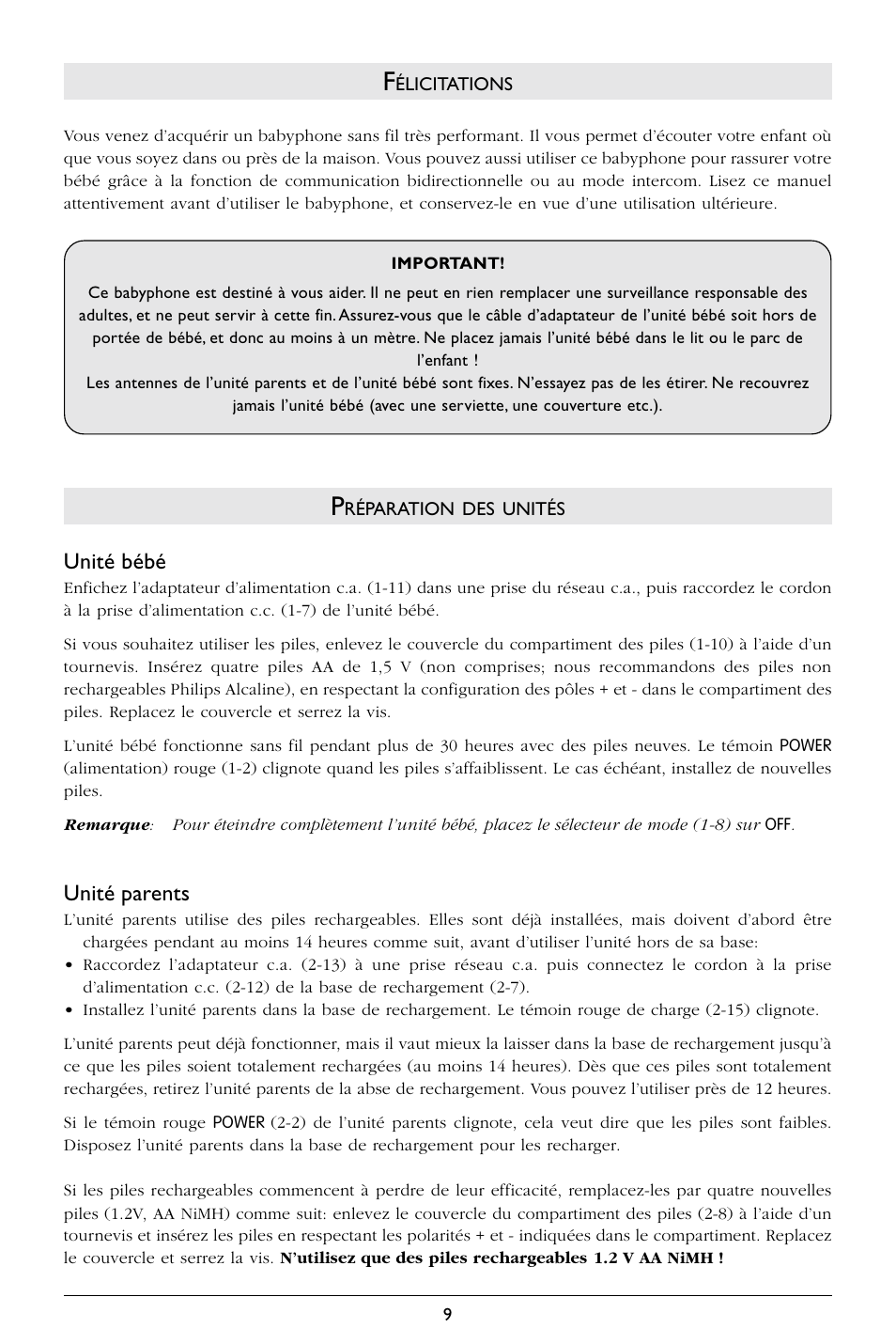 Unité bébé, Unité parents | Philips SC367 User Manual | Page 10 / 75
