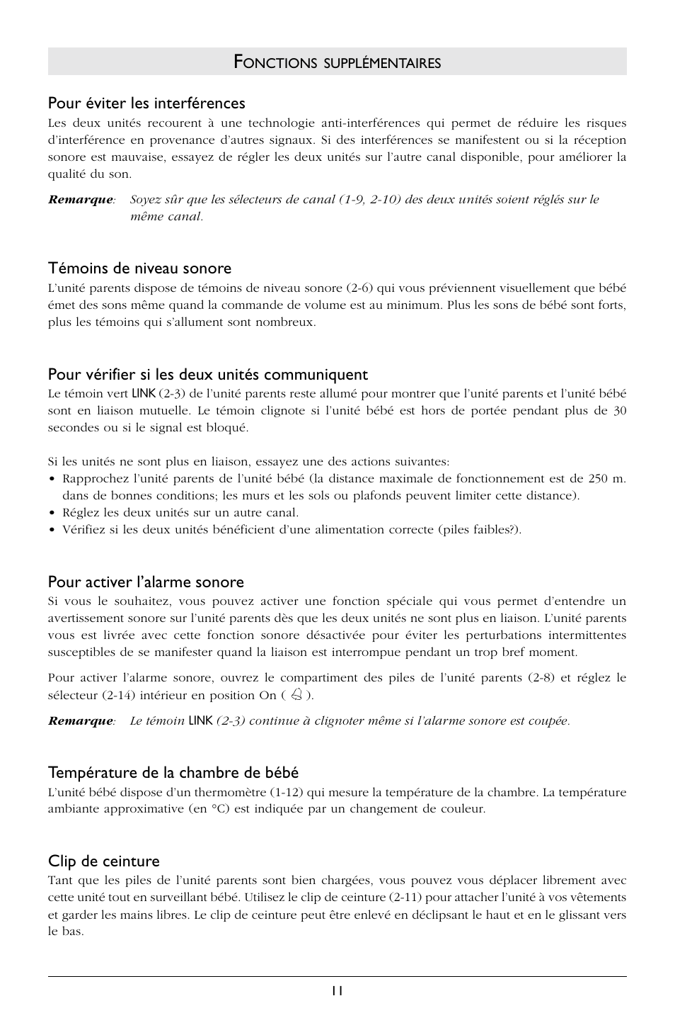 Pour éviter les interférences, Témoins de niveau sonore, Pour vérifier si les deux unités communiquent | Pour activer l’alarme sonore, Température de la chambre de bébé, Clip de ceinture | Philips SC367 User Manual | Page 12 / 75