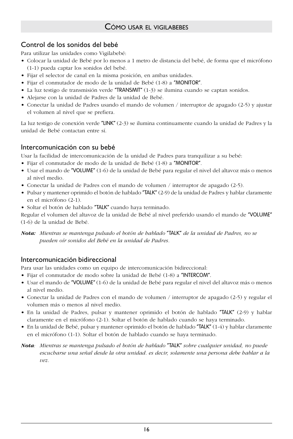 Control de los sonidos del bebé, Intercomunicación con su bebé, Intercomunicación bidireccional | Philips SC367 User Manual | Page 17 / 75