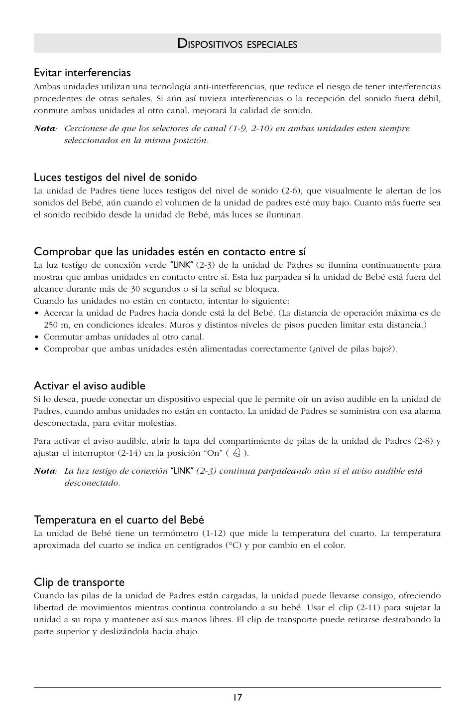 Evitar interferencias, Luces testigos del nivel de sonido, Activar el aviso audible | Temperatura en el cuarto del bebé, Clip de transporte | Philips SC367 User Manual | Page 18 / 75