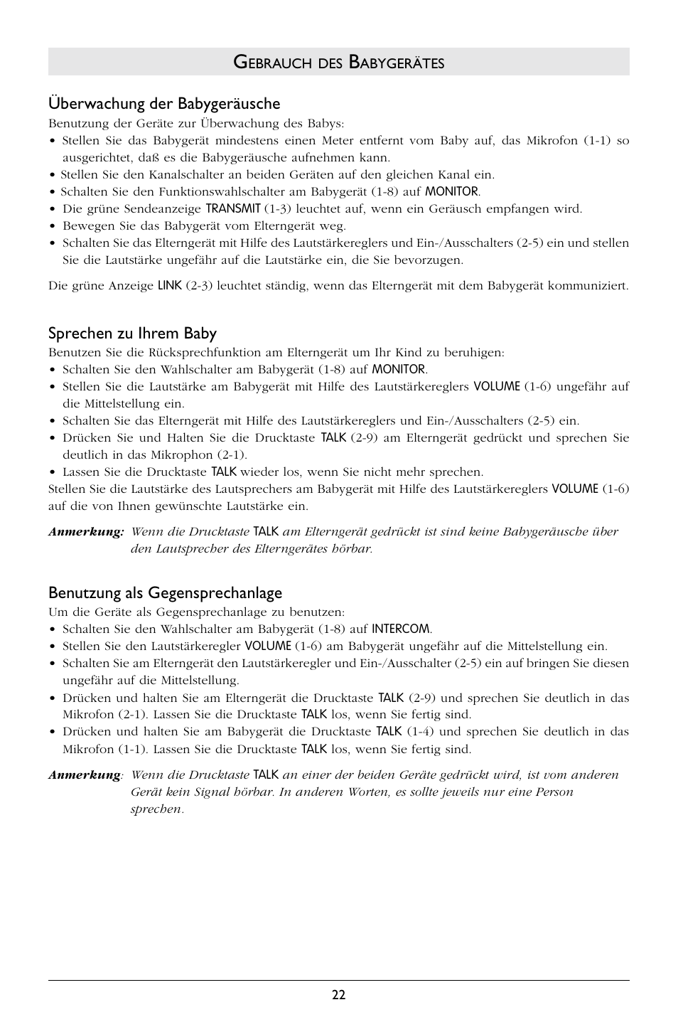 Überwachung der babygeräusche, Sprechen zu ihrem baby, Benutzung als gegensprechanlage | Philips SC367 User Manual | Page 23 / 75