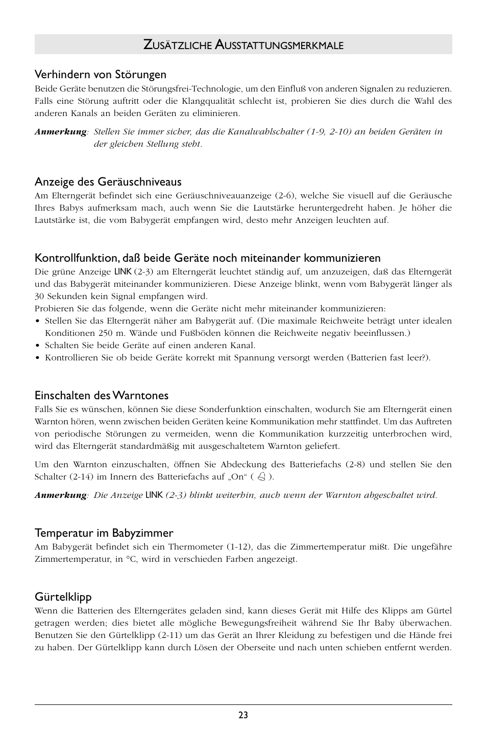 Verhindern von störungen, Anzeige des geräuschniveaus, Einschalten des warntones | Temperatur im babyzimmer, Gürtelklipp | Philips SC367 User Manual | Page 24 / 75