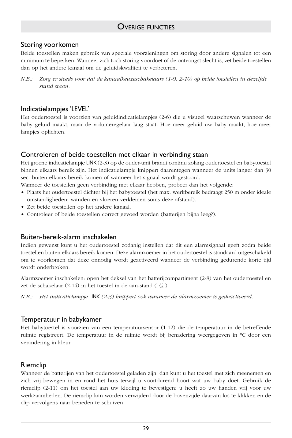 Storing voorkomen, Indicatielampjes ‘level, Buiten-bereik-alarm inschakelen | Temperatuur in babykamer, Riemclip | Philips SC367 User Manual | Page 30 / 75