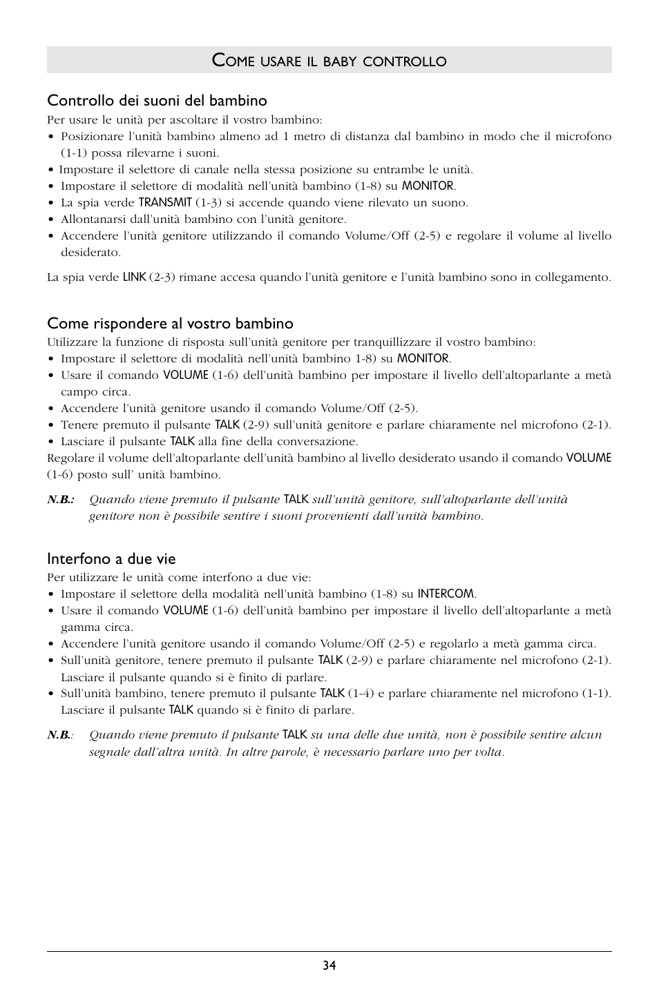 Controllo dei suoni del bambino, Come rispondere al vostro bambino, Interfono a due vie | Philips SC367 User Manual | Page 35 / 75
