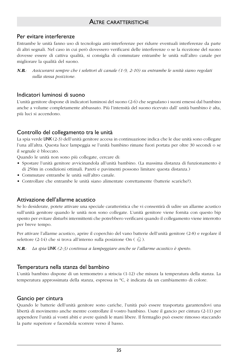 Per evitare interferenze, Indicatori luminosi di suono, Controllo del collegamento tra le unità | Attivazione dell’allarme acustico, Temperatura nella stanza del bambino, Gancio per cintura | Philips SC367 User Manual | Page 36 / 75