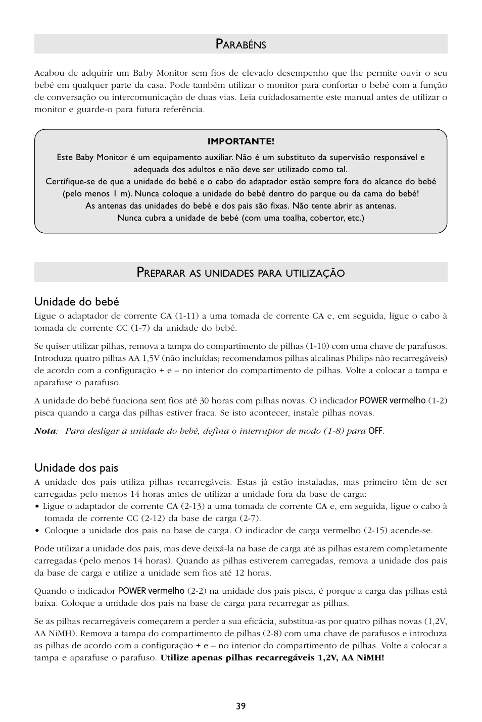 Unidade do bebé, Unidade dos pais | Philips SC367 User Manual | Page 40 / 75